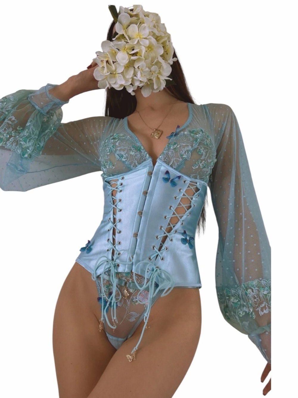 Empress Mimi Madame X Blue Butterfly Lace Corset XXL NWT Sheer Polka Dot Sleeves - Picture 2 of 15